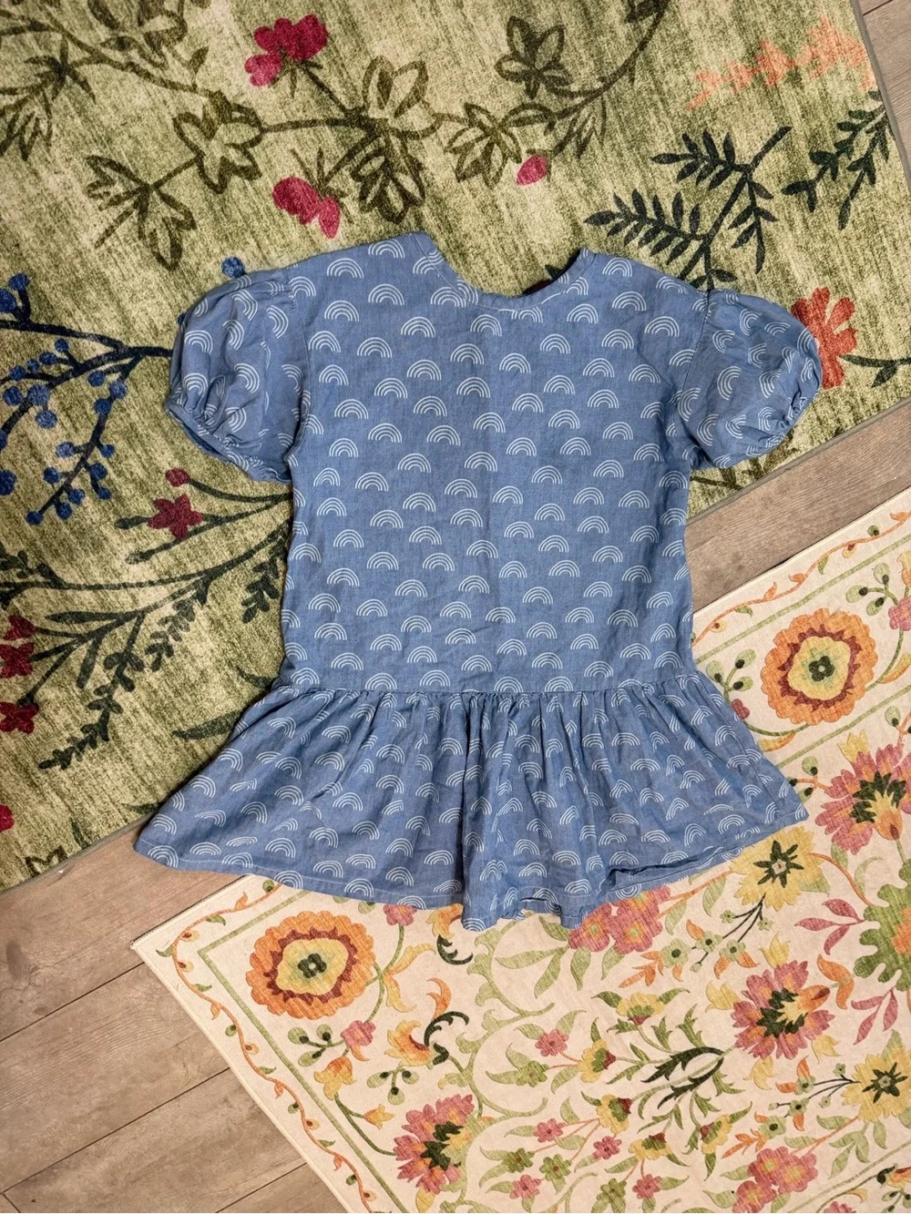 Tea Collection Girl’s Denim Blue Rainbow Puff-Sleeve Dress Size 7 100% Cotton
